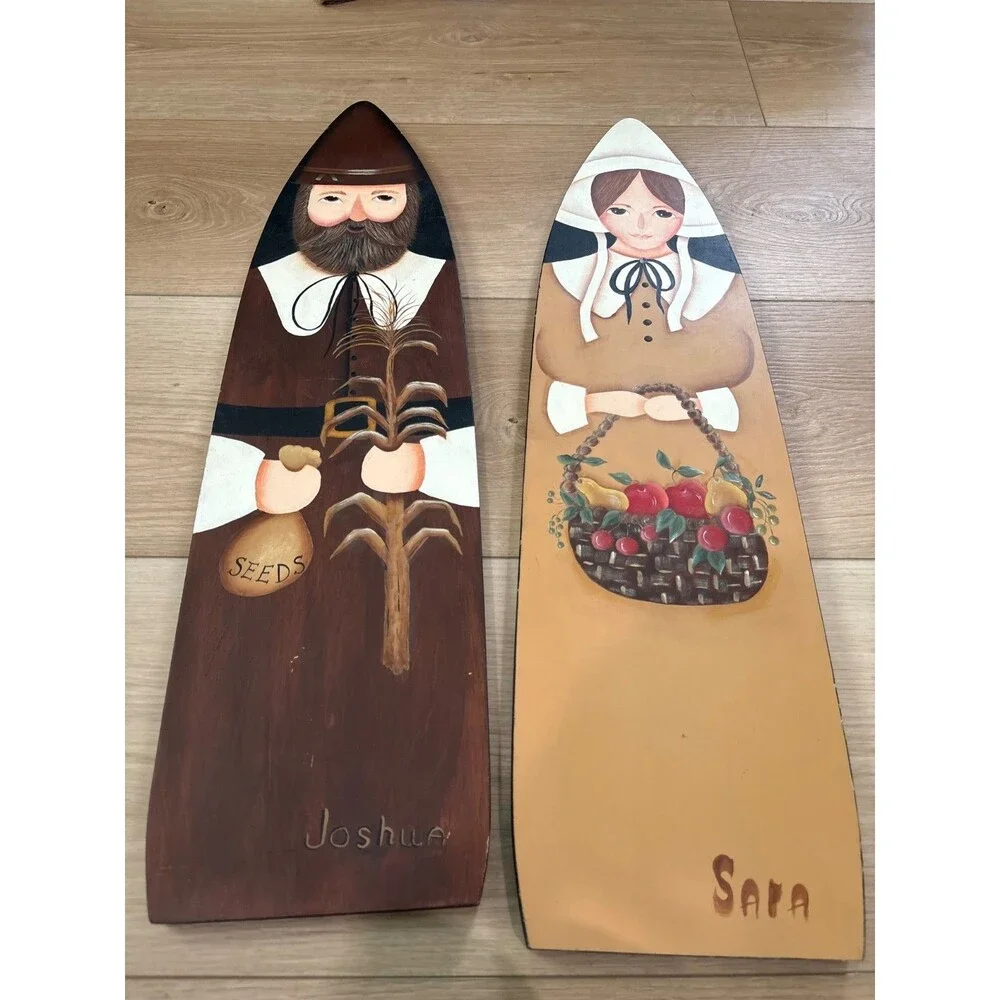 Pilgrim Wooden Wall Plaques Pair Thanksgiving Fall Decor Joshua & Sara 26x15